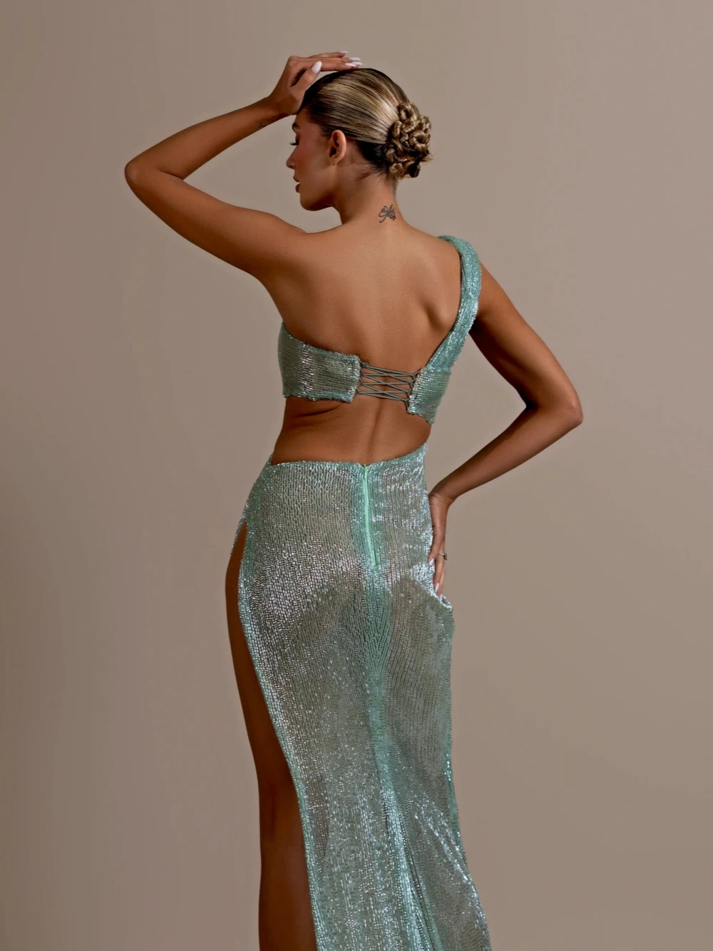 Fashion Evening Dresses For Women One Shoulder Sleeveless Gown Sequins Split Side Backless Sweep Train Party Customized Dress