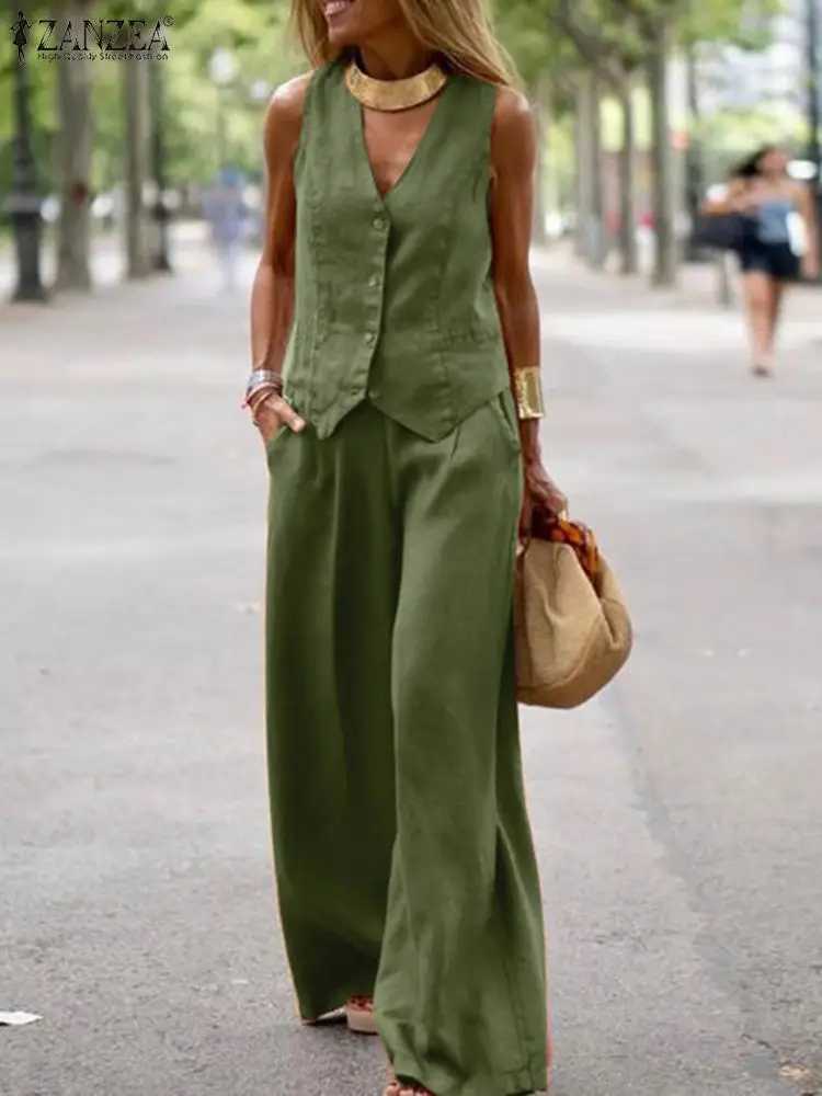 2025 ZANZEA Woman Elegant 2-Piece Pant Sets Casual Vest and Pants Sets Old Money Style Suits 2pcs Outfits Wide Leg Trouser SetsT250314