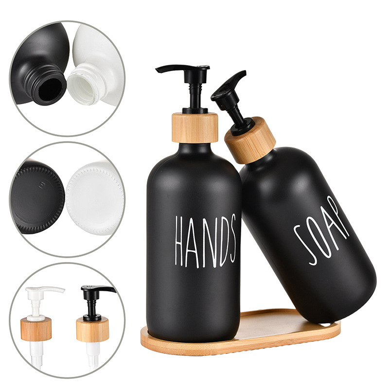 Glass Soap Dispenser with Bamboo Pumps and Tray 2 Pack 16oz Dish and Hand Soap Dispenser Set for Kitchen Bathroom WLL2548