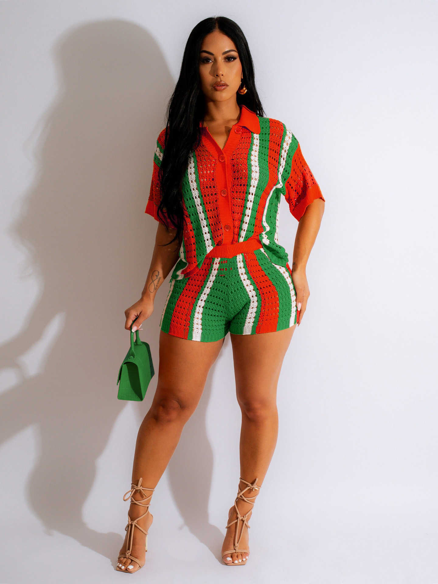 Womens sexy womens hollowed out perspective contrasting lapel knit shorts set T250313