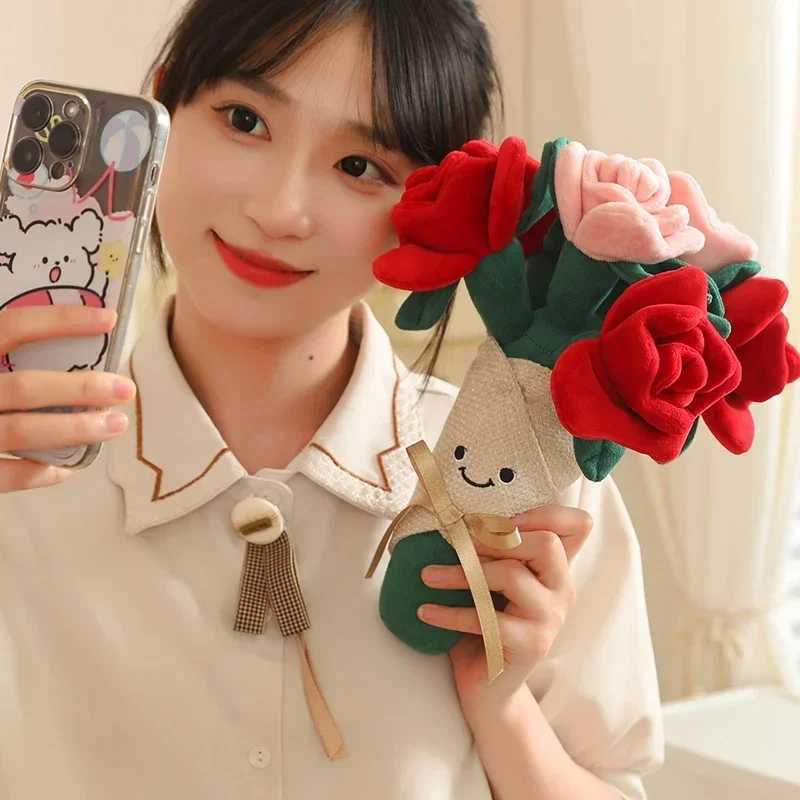 Fun Romantic Red Rose Bouquet Doll Plush Toy Heart Holding Flower Doll Creative Bouquet Home Decoration Valentines Day GiftXJ250314