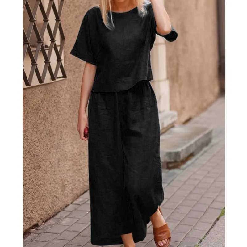 New casual women set loose solid color shirt with cotton and linen patchwork round neck short sleeved top and pants twopiece setT250314