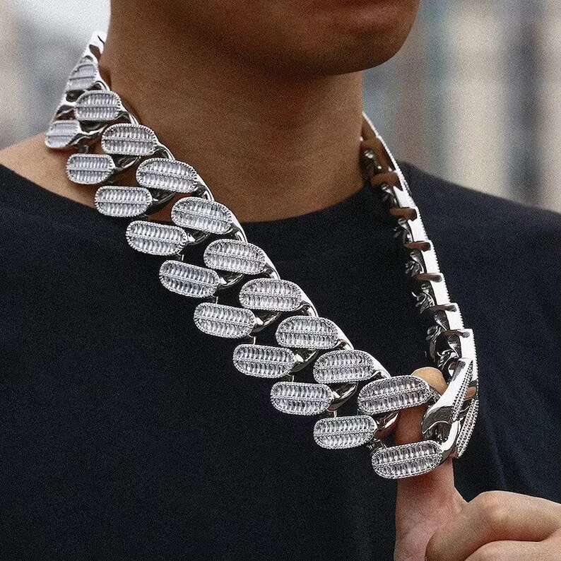 Hiphop Pure Sier 40mm 2-Row Heavy Long Stick Bread Moissanite Cuban Chain