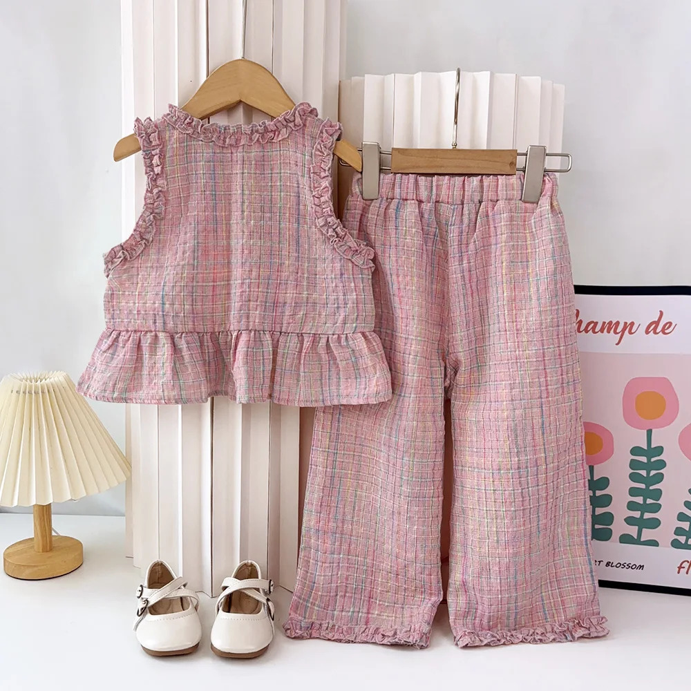 Pink Girls Summer Two-piece Set with Single Breasted Sleeveless Top and Casual Pants Childrens Sets Kids Clothes 250314