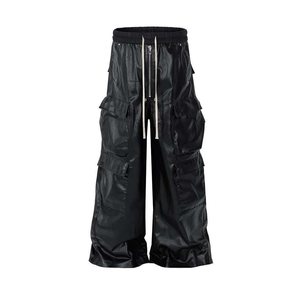 RO Style Matte PU Leather For Men High Street Y2k Pantalones Hombre Baggy Overall Wide Leg Drawstring Cargo Pants