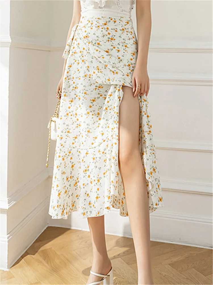 Skirts Realfert New Flower Printing A-line Skirts Bohemia 2025 Summer Spring High Waist Retro Womens Midi Length Integrated Skiing Y250314LX5O