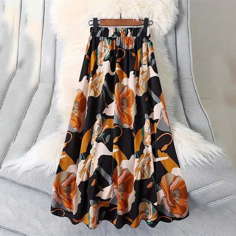 Skirts Black Long Skirt Womens Versatile Flower Print Autumn Elastic Waist Contrasting Color A-line Large Swing Skirt 2025 New Product Y250314G2CW