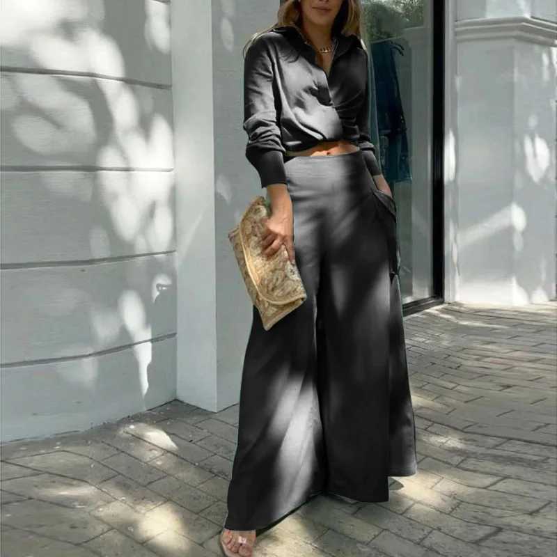 Spring And Autumn Fashion Elegant Solid V-neck Open Umbilical Womens Set Commuter Fashion Pocket Long Sleeve Shirt Pants SetT250314