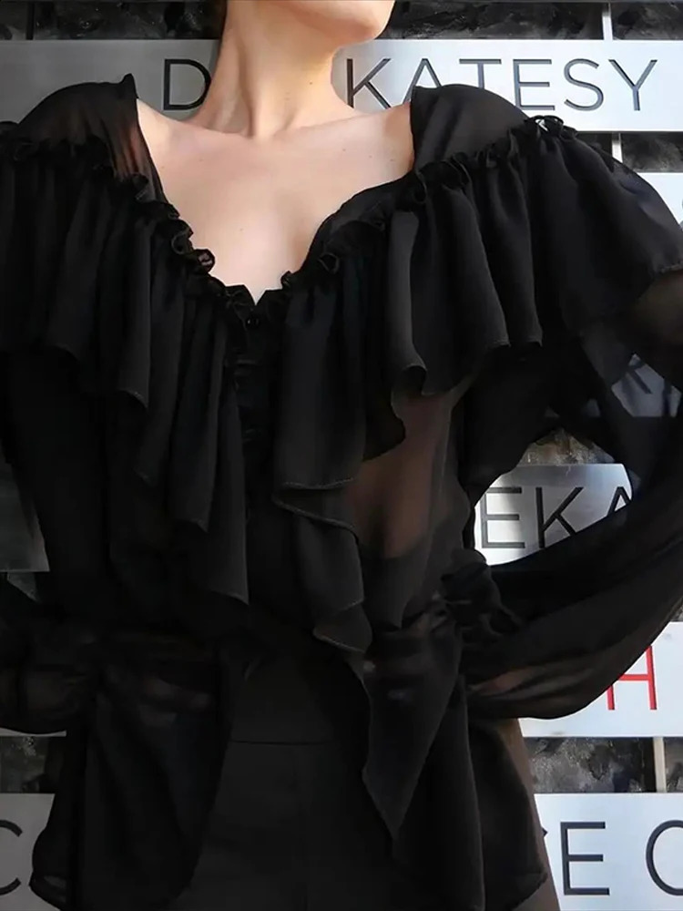 Elegant Ruffle Solid Women Shirts See Through V-neck Long Lantern Sleeve Lady Top 2025 Spring Office Oversize Female Blouses 250313