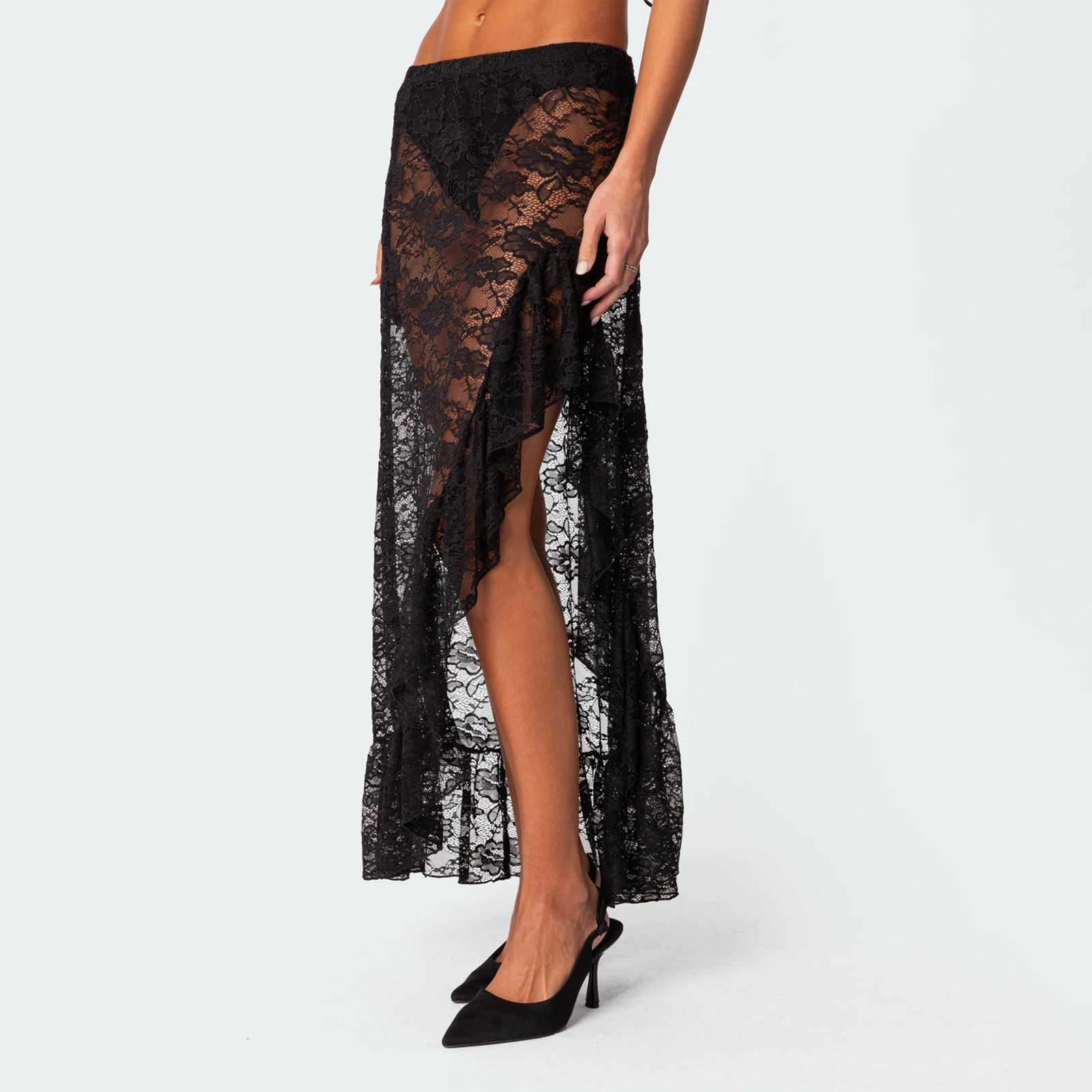 Skirts Vintage high waisted asymmetrical hem ruffled Midi ski board Flowy ski board womens summer solid color lace long ski Y250314QZZI