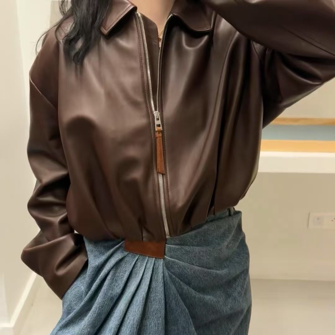 Lo Ladies chocolate brown drape leather Jacket 2025