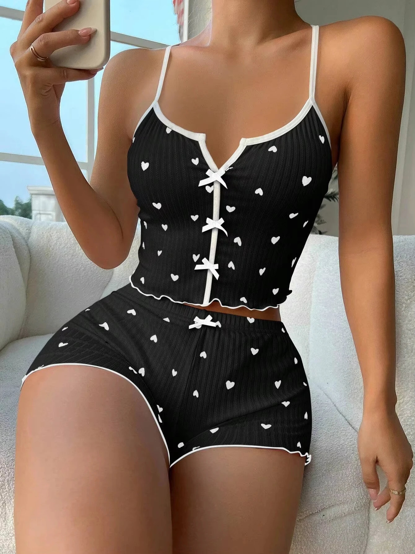 Women Cute Pajama Set Heart Print Lettuce Trim Bow Front Cami Top and Shorts Pj Set Soft Sleepwear 250314