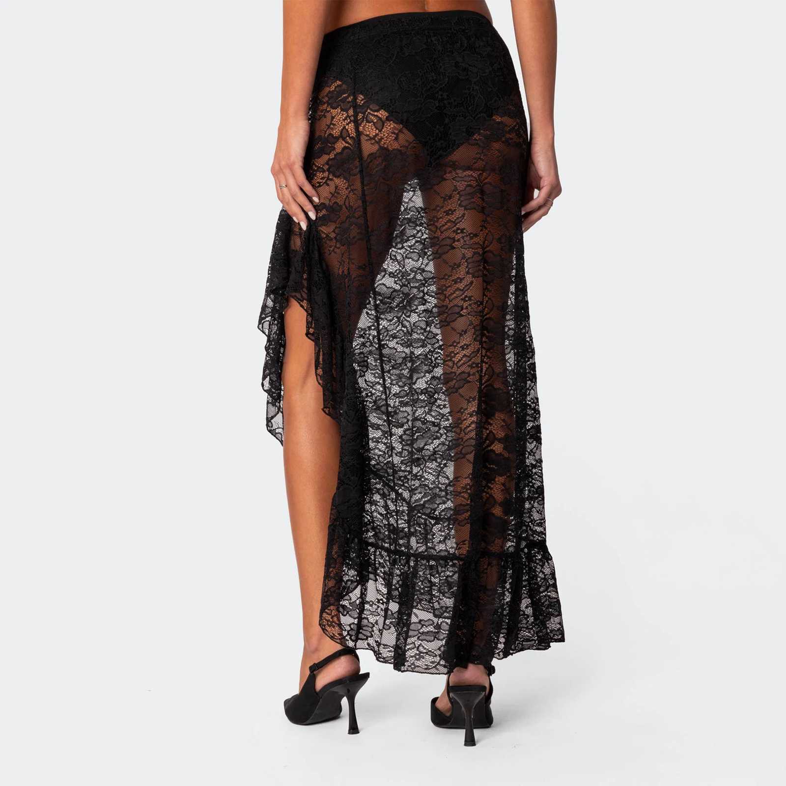 Skirts Vintage high waisted asymmetrical hem ruffled Midi ski board Flowy ski board womens summer solid color lace long ski Y250314QZZI