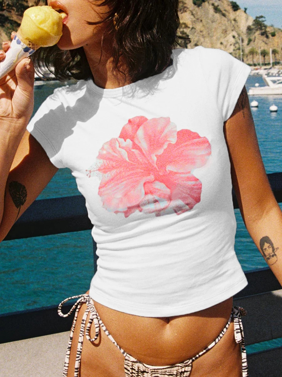 Womens Summer Slim Crop Tops Floral Print Pattern Cap Sleeve Round Neck Show Navel Cropped Tops Female Mini Baby Tee Streetwear 250313