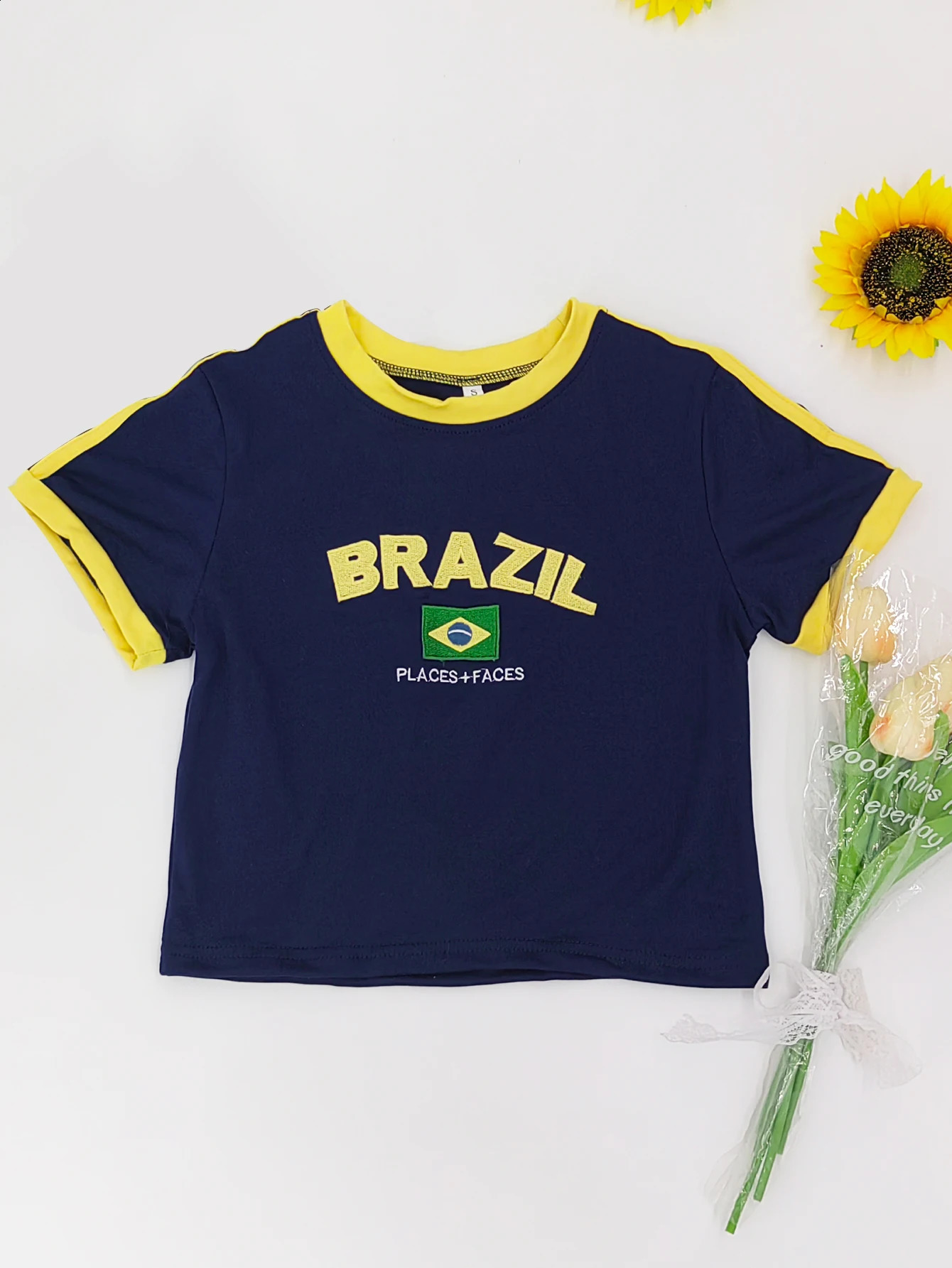 2025 Retro Street Aesthetic Baby T-shirt Women Green Brazil Letters Print Crop Tops Casual Slim Short Sleeve Y2k Clothes E-girls 250313