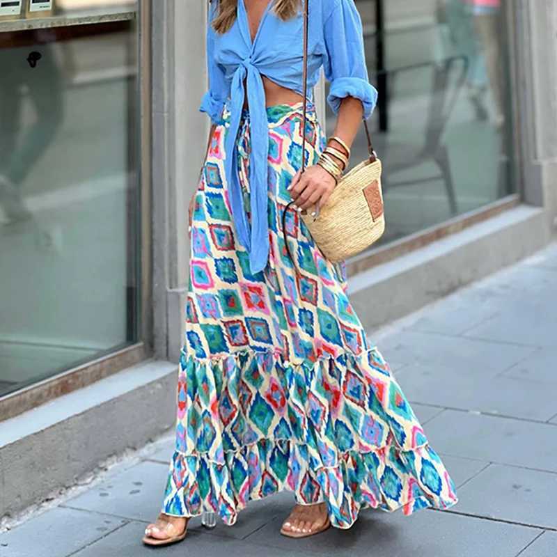 Skirts Womens Elegant High Waist Beach Party Skirts 2025 Spring Summer Casual Loose Maxi Skirt Vintage Patterned Print Boho Long Skirts Y250314DRR2