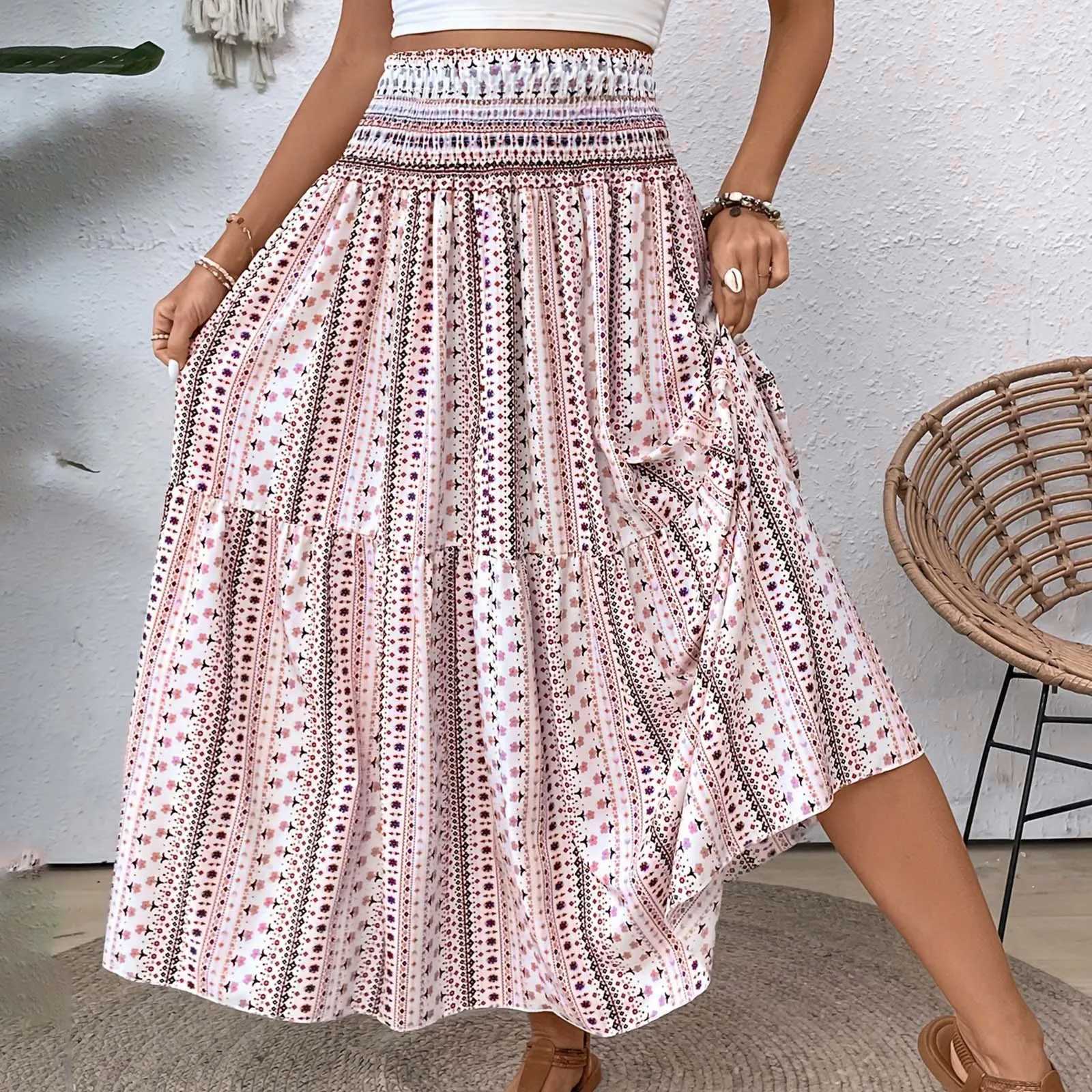 Skirts Vintage Bohemian womens summer elastic waist A-line Faldas Bohemian print Flowy skiing beach swing Maxi long skiing Y250314DOP1