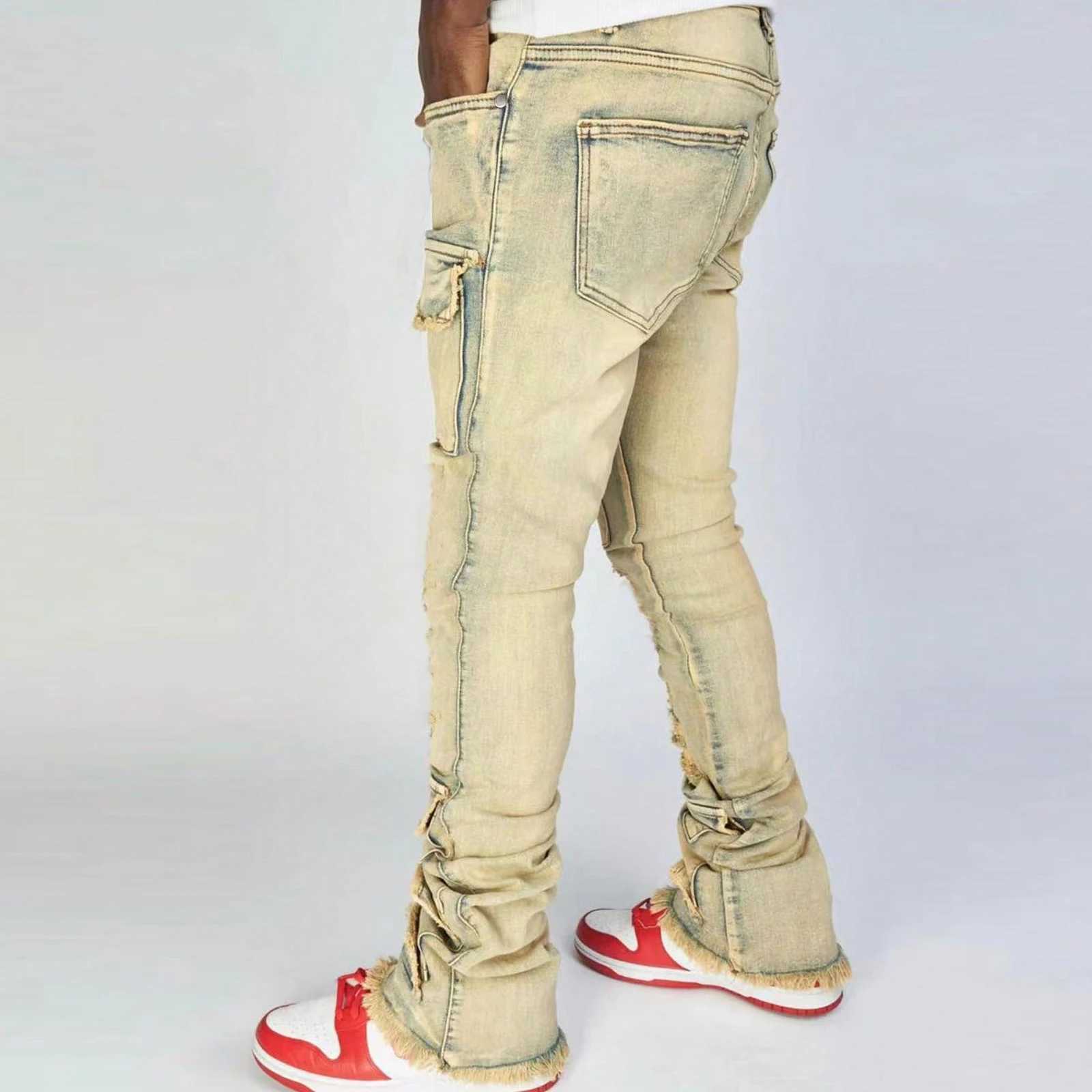 Mens Stacked Jeans Slim Fit Ripped Jeans Destroyed Straight Denim Pants Harajuku Hip Hop Trouser Fashion StreetwearT250314
