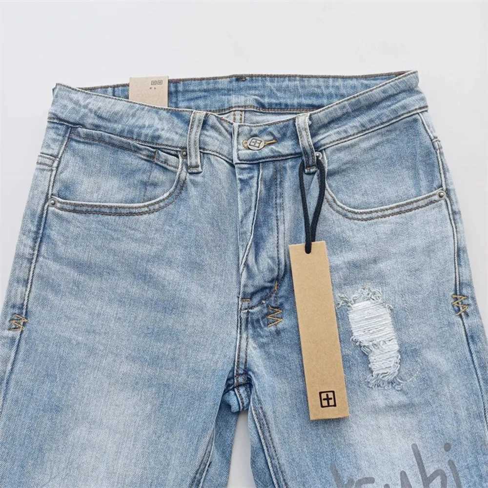 Black Blue Fashion Men KSUBI Cross Jeans Brand High Street Hole Trend Low Rise Skinny Denim Pants Ripped Frayed TrousersT250314
