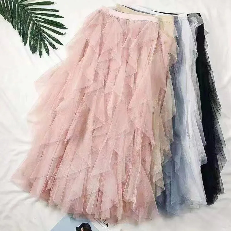 Womens Half Length Skirt Irregular Mesh High Waisted Versatile Slimming A-line Fluffy Gauze Medium Length Half Length Skirt 250314
