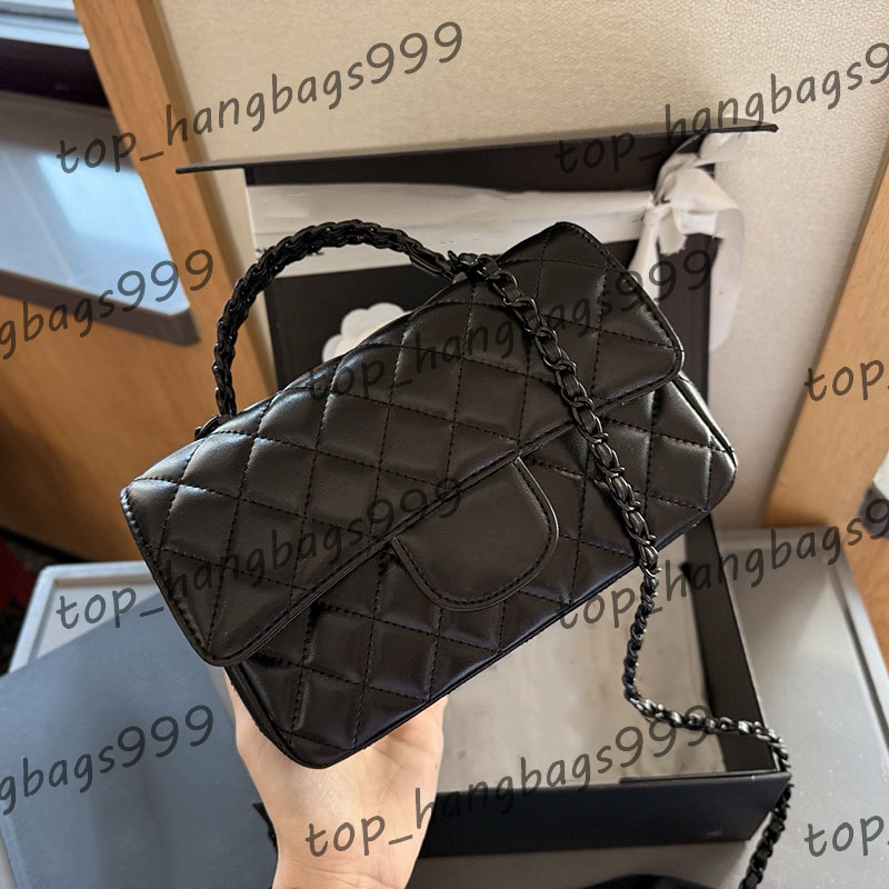 Full Black Lambskin Top Handle Totes Sqaure Shoulder Bags Classic Mini Flap Quilted Metal Hardware Matelasse Chain Crossbody Handbags 20x12cm