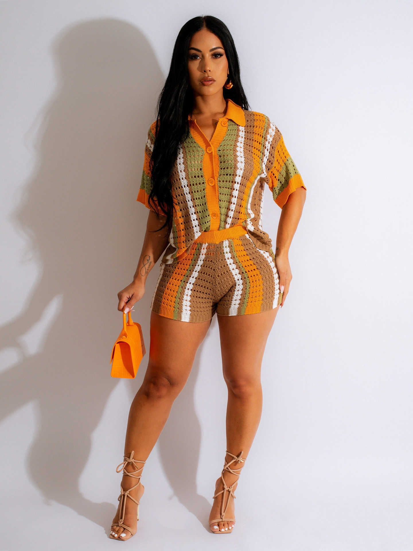 Womens sexy womens hollowed out perspective contrasting lapel knit shorts set T250313