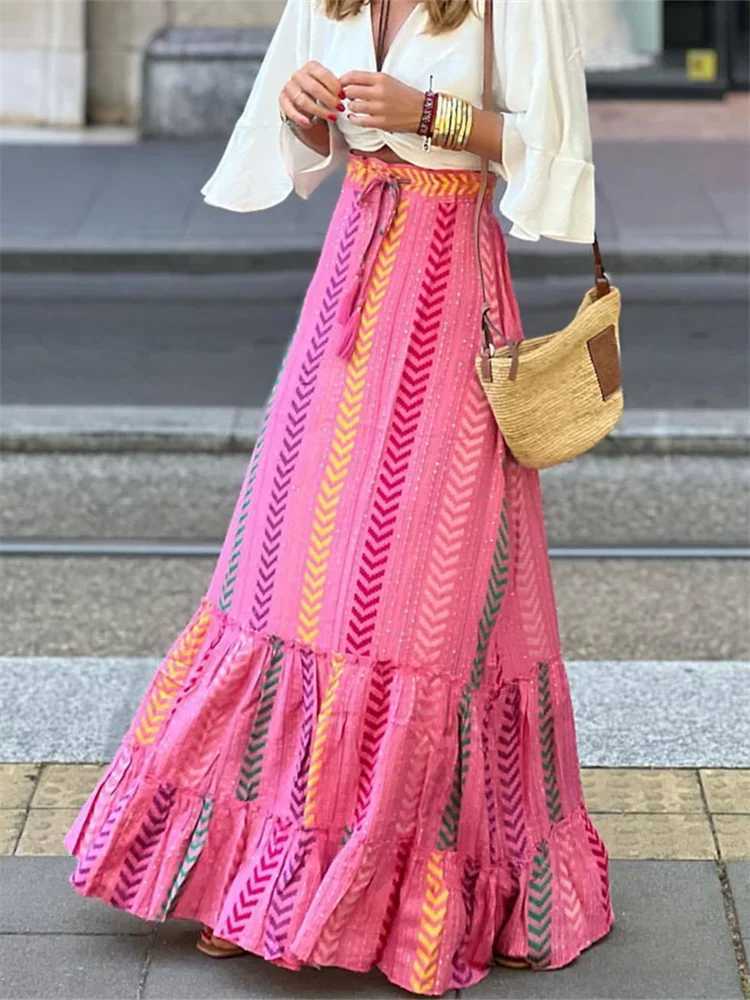 Skirts Womens Flowy Boho Skirt printed ruffled hem summer casual long sleeved beach vacation club clothing Y250314PN97