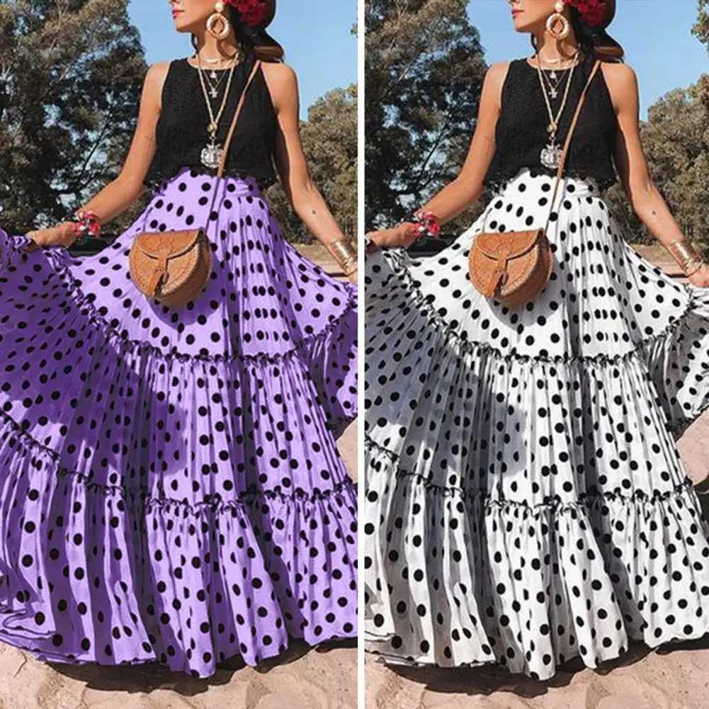 Skirts Skirt High Waist Polka Dot Ruffle New Arrives Summer Womens Large Size Ruffle A-line Swinging Maxi Wholesale Direct Shipping Y250314IAWA