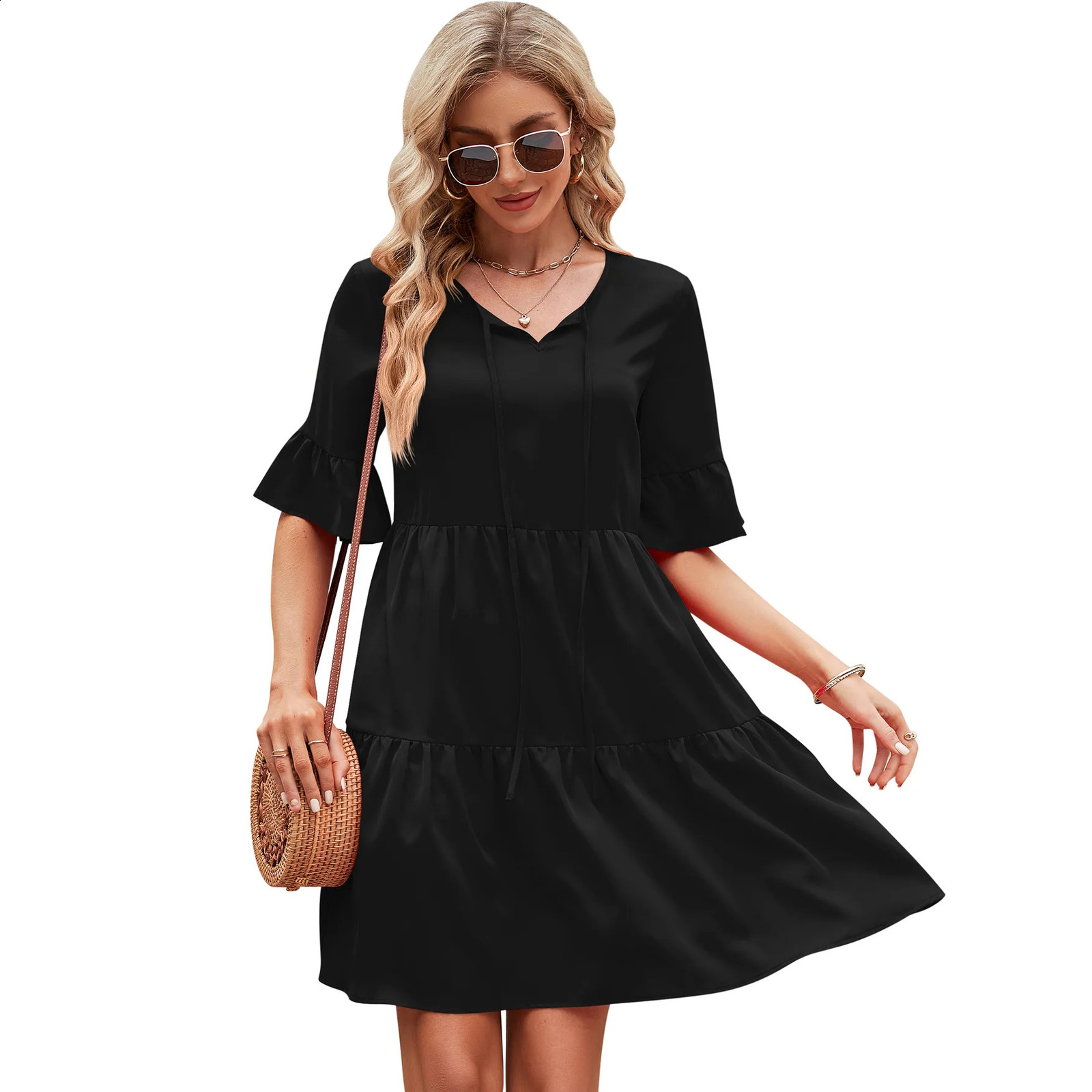 Summer Women Dress Casual Half Sleeved Lace Up Bohemian Dress Female Casual Fold Dress Womens Summer Sundresses 250313