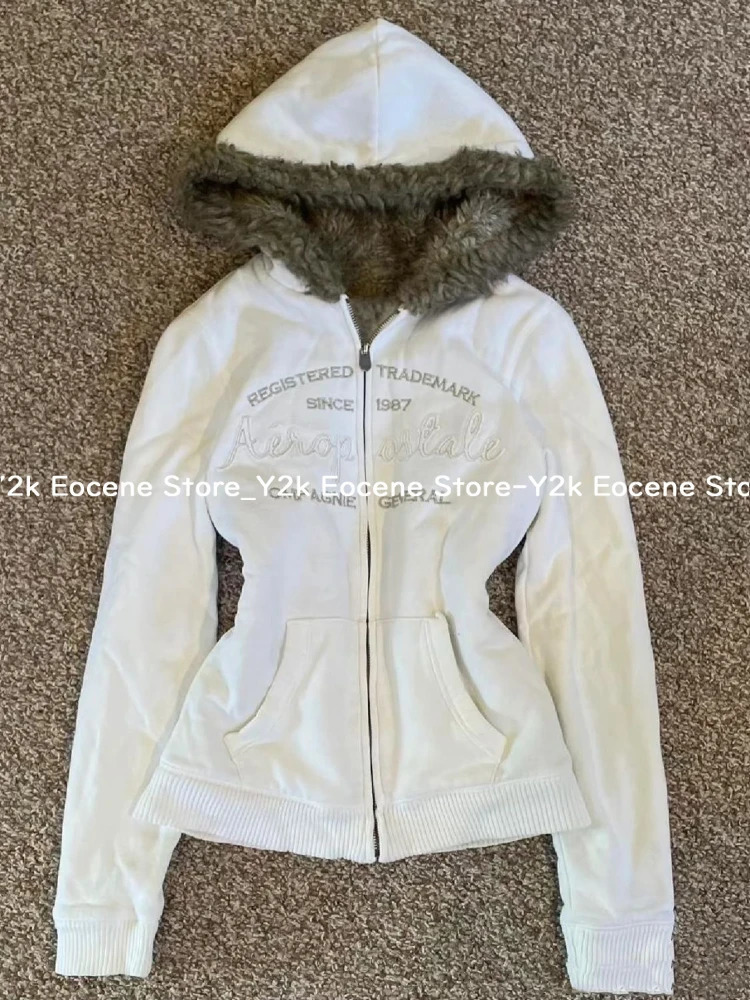 Vintage letter fur collar hooded sweater autumn winter zipper Y2K vintage wool jacket Harajuku y plush dark fashion 250311