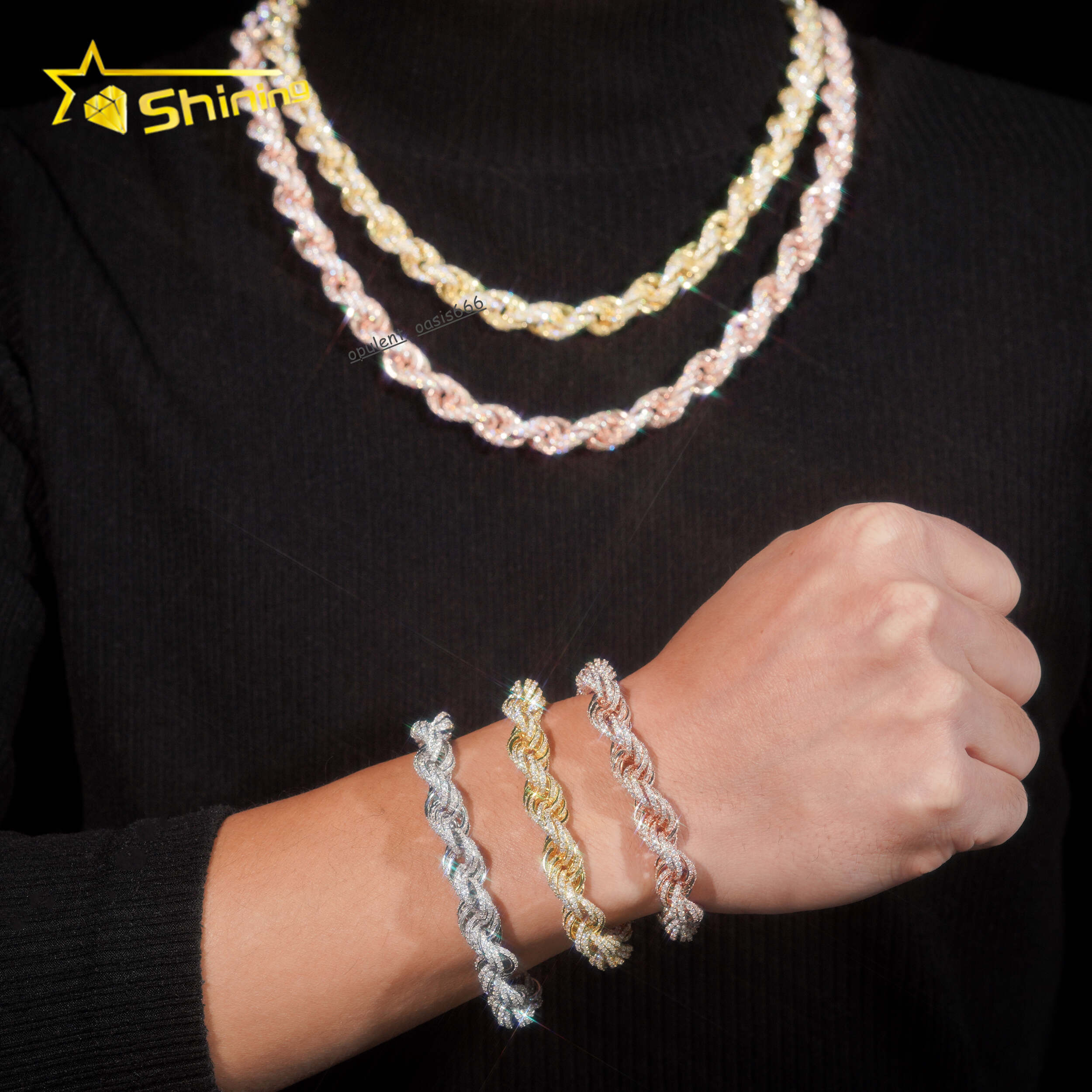 Iced Out Moissanite Rope Chain Sterling Silver 925 Gold Plated Moissanite 10mm Bracelets Hip Hop Mens Jewelry