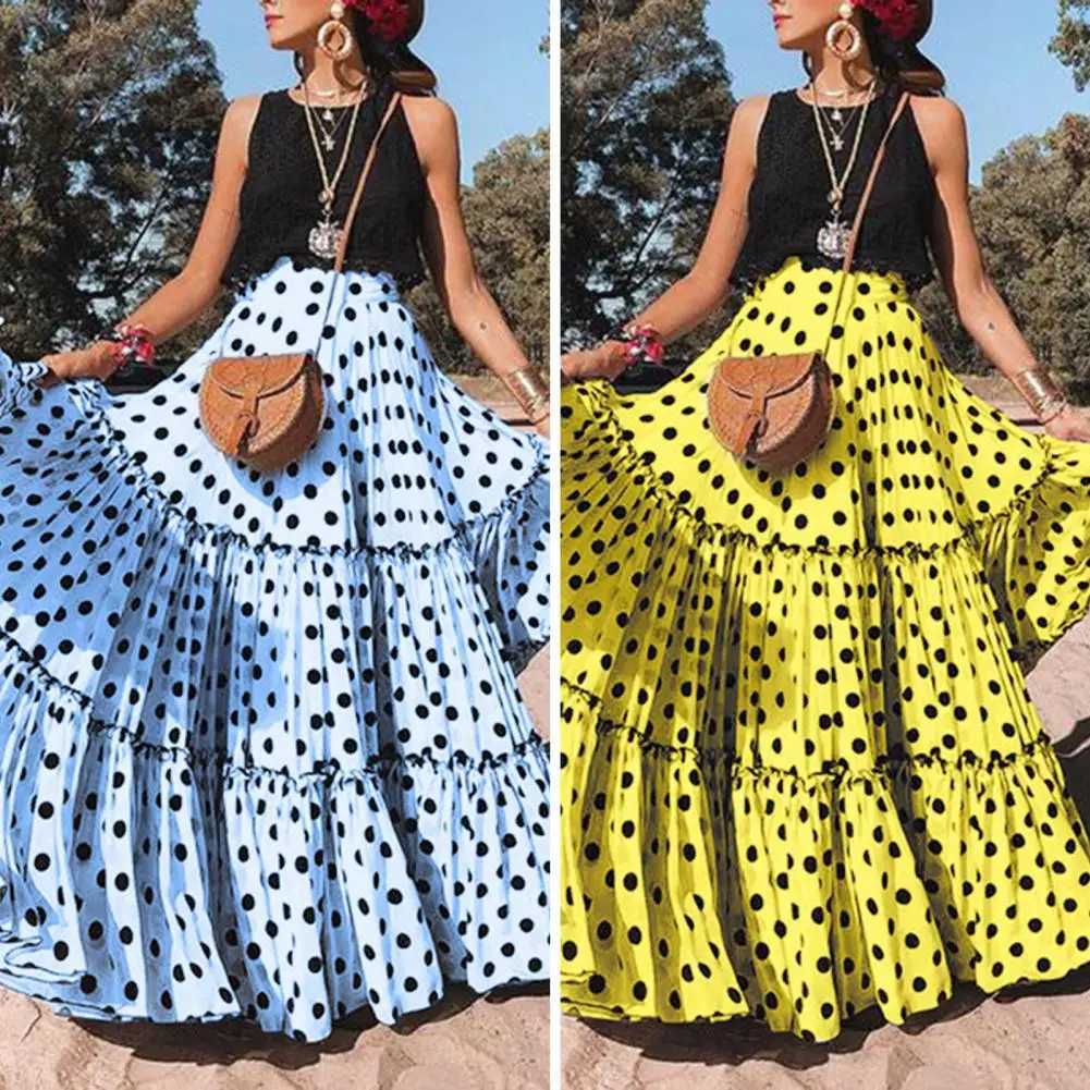 Skirts Skirt High Waist Polka Dot Ruffle New Arrives Summer Womens Large Size Ruffle A-line Swinging Maxi Wholesale Direct Shipping Y250314IAWA