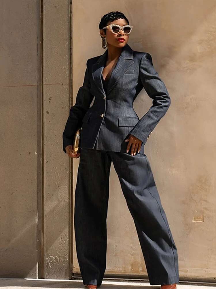 Women Denim Pant 3-Piece Set Lapel Long Sleeve Coat Sleeveless Tanks Wide Leg Trousers Suit 2025 Spring Office Lady Jeans Sets