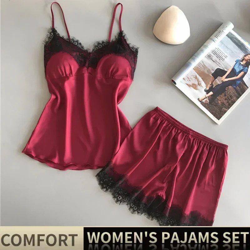 Womens Satin Ice Silk Pajama Suits V-Neck Lace Stretch Female Seamless Sexy Lingerie Homewear Pyjamas Shorts Sets Sleepwear 250314