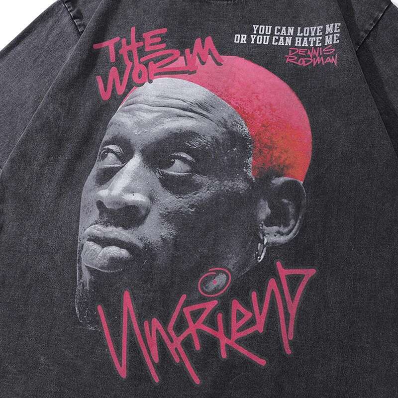 Men Oversized Washed Hip Hop Streetwear Dennis Rodman Graphic Short Sleeve T Shirt Summer Haruku Fashion Tees