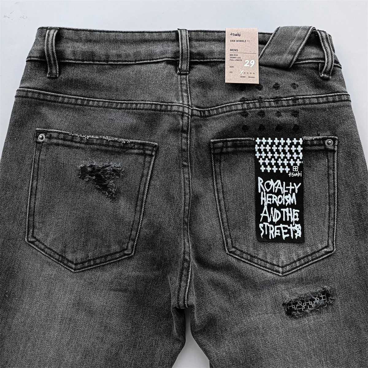 Black Gray Fashion KSUBI Cross Jeans Men Brand High Street Hole patch Trend Low Rise Stretch Skinny Pants Ripped Frayed TrousersT250314
