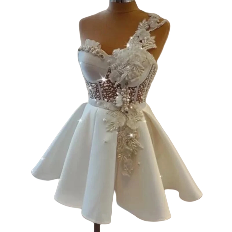 One Shoulder Short Prom Dresses Pearls Beaded 3D Floral Appliques White Mini Cocktail Party Gown 2025 A-line Homecoming Dress Custom Made