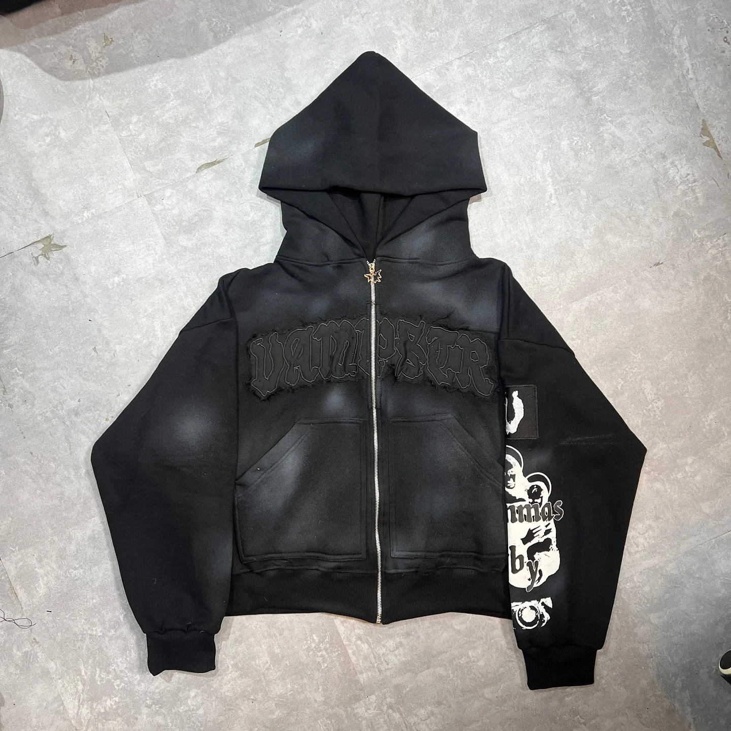 Retro Gothic Alphabet Embroidered Patch Graphics Oversized Zipper Hoodie Mens Y2K Harajuku Hip-Hop Casual Joker Street Wear 250314