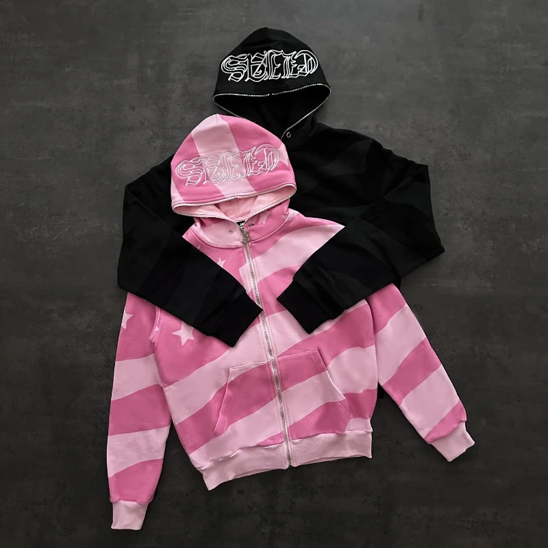 Y2K American Zipper Hoodie Stripe Star Banner Pattern Sweatshirt Men Women Trendy Casual Streetwear Unisex Oversize Clothing 250314