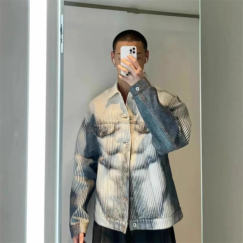 Striped Gradient Abs Digital Print Short Denim Jacket Trendy Mens Spring Autumn Loose Causal Lapel y2k Coat 250228
