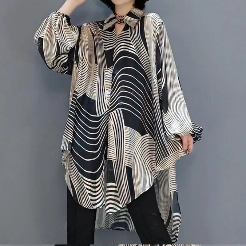 Oversized Striped Chiffon Summer Shirt Women Blouse Holiday Style Ladies Casual Sunscreen Loose Large Shirts 4XL Tops 250313