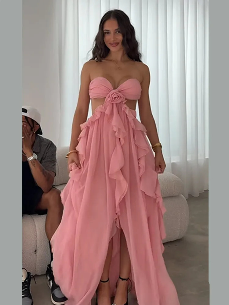 Chic Women Spring Hollow Out 3d Flower Ruffled Hem Long Dress Elegant Off Shoulder Backless Robe 2025 Lady Street Party Gown 250313