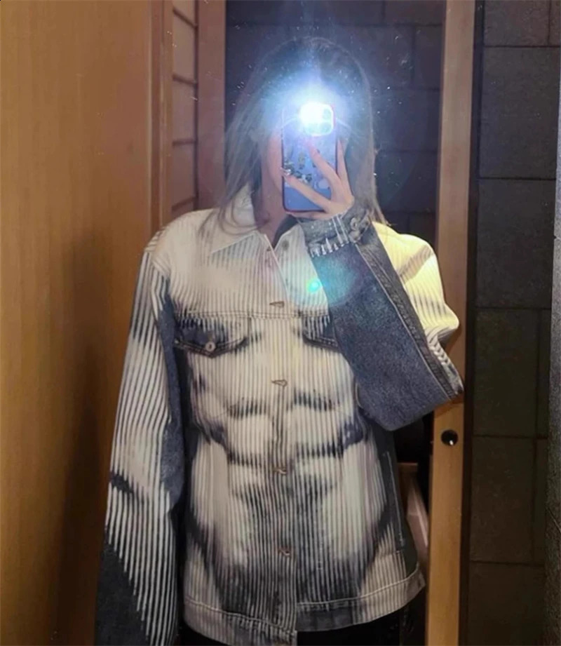 Striped Gradient Abs Digital Print Short Denim Jacket Trendy Mens Spring Autumn Loose Causal Lapel y2k Coat 250228