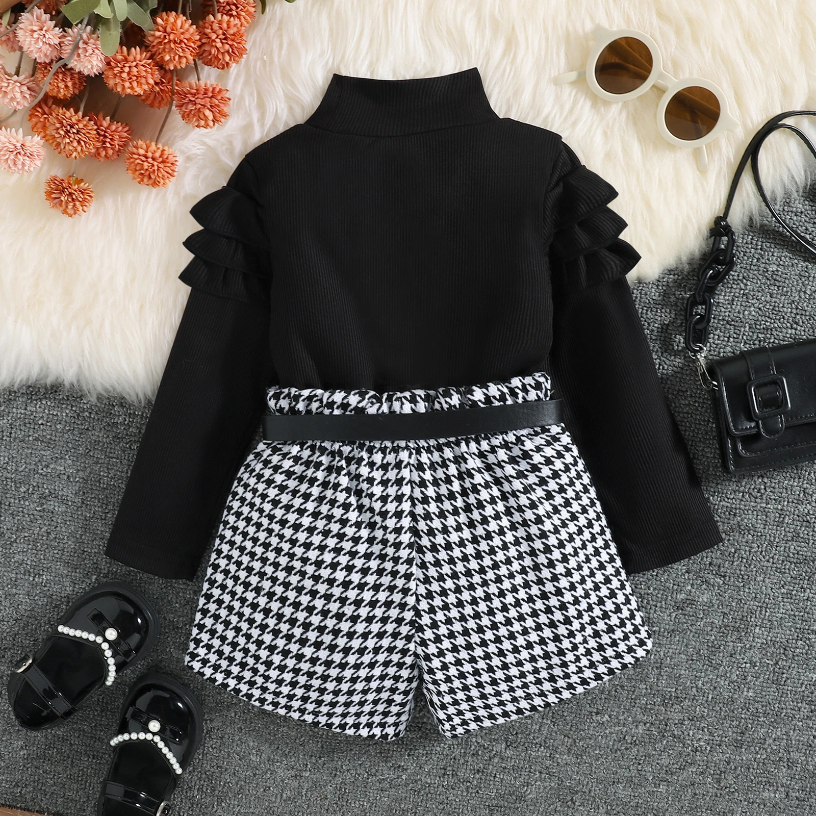 3PCS Autumn Style 1-5 Year Old Girl Baby Fashionable Casual High-Neck Solid Color Top Houndstooth Shorts Set 250314