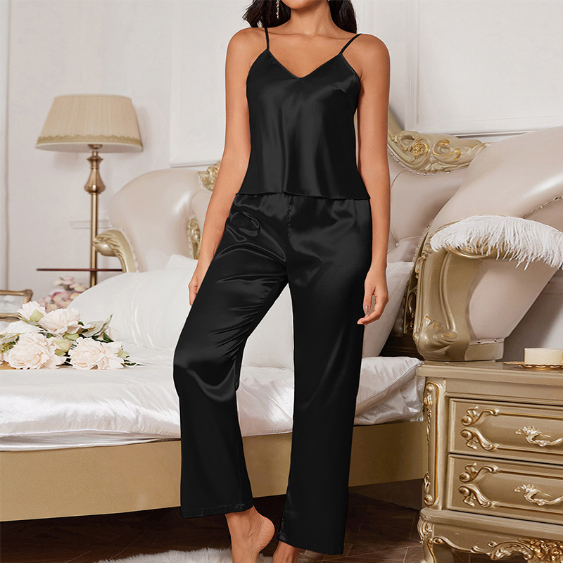 Elegant No-Frills Sleeveless Jumpsuit and Pant Set in Soft Ice Silk Fabric for Relaxed Living - Seasonal Nightwear Collection