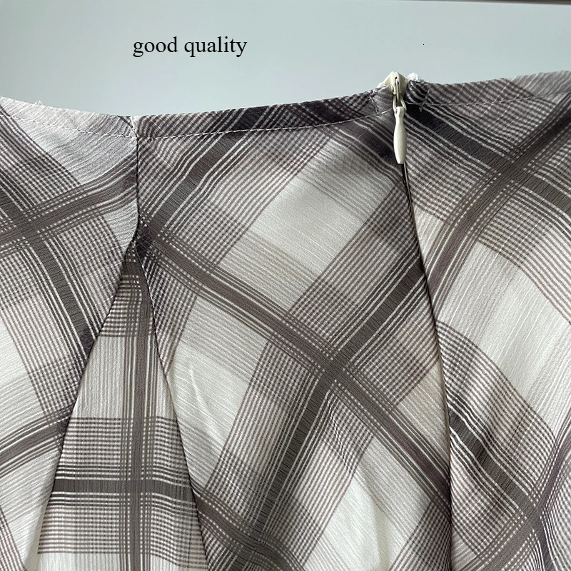Flowing Check Midi Skirt Spring/Summer Collection Retro Long Style Seaside Vacation Casual Brown Womens Clothing 250311