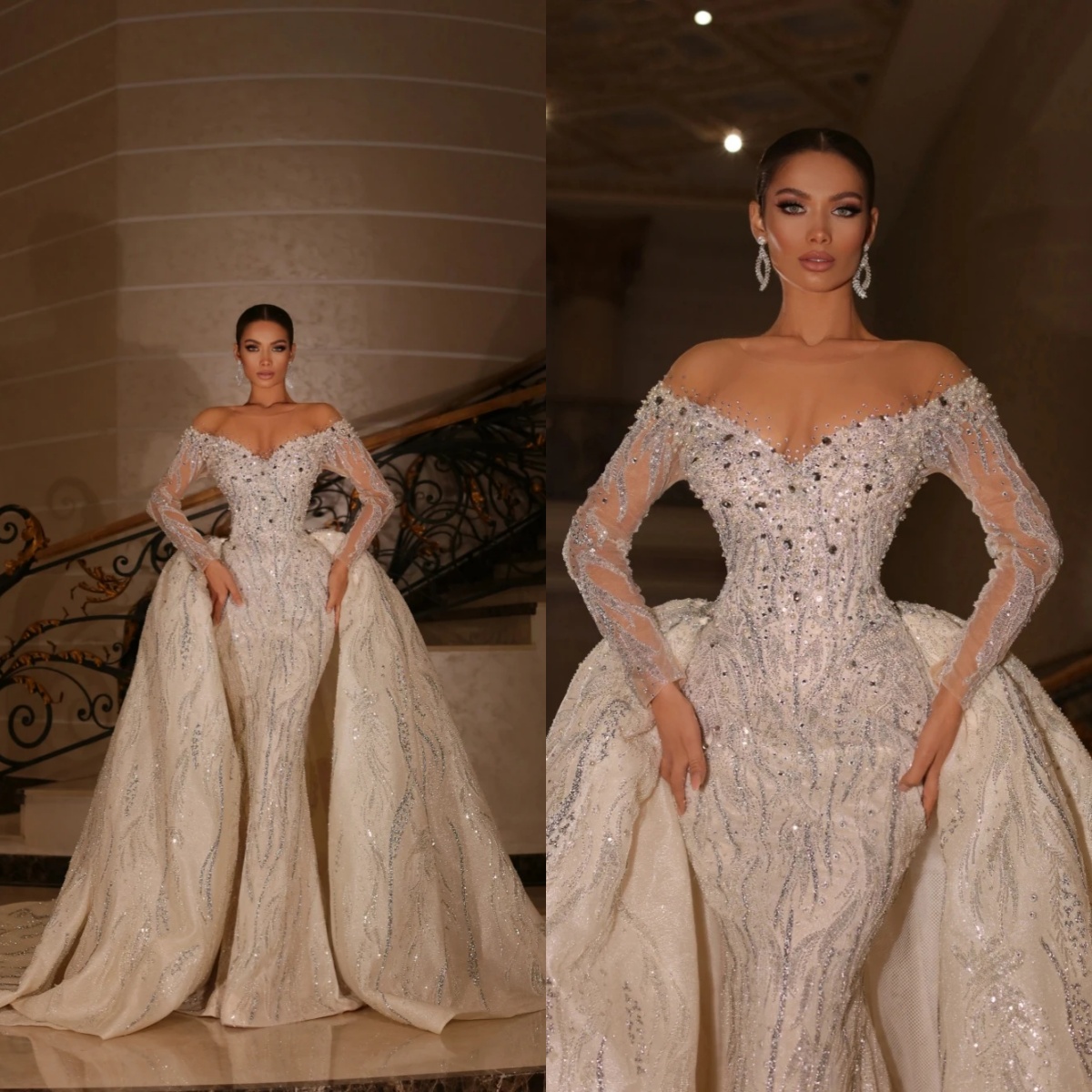 Mermaid Wedding Dress Off Shoulder Long Sleeves Bridal Gowns Sequins Crystal Pearls Detachable Train Dresses Custom Made vestidos de novia