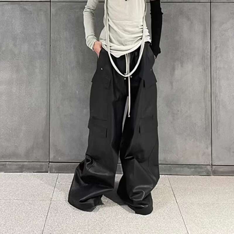 RO Style Matte PU Leather For Men High Street Y2k Pantalones Hombre Baggy Overall Wide Leg Drawstring Cargo Pants