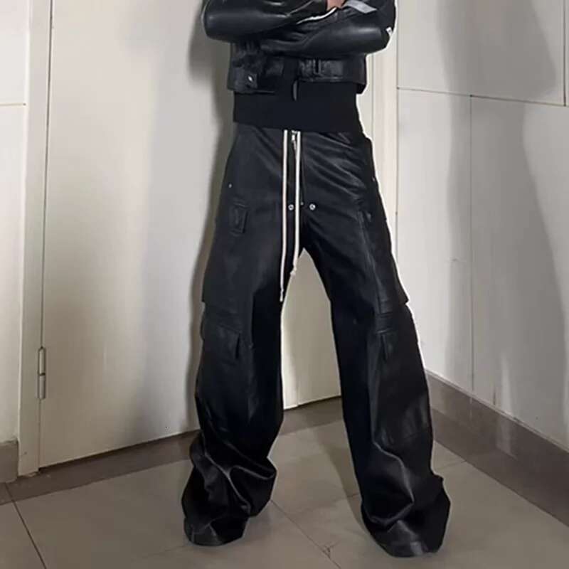 RO Style Matte PU Leather For Men High Street Y2k Pantalones Hombre Baggy Overall Wide Leg Drawstring Cargo Pants