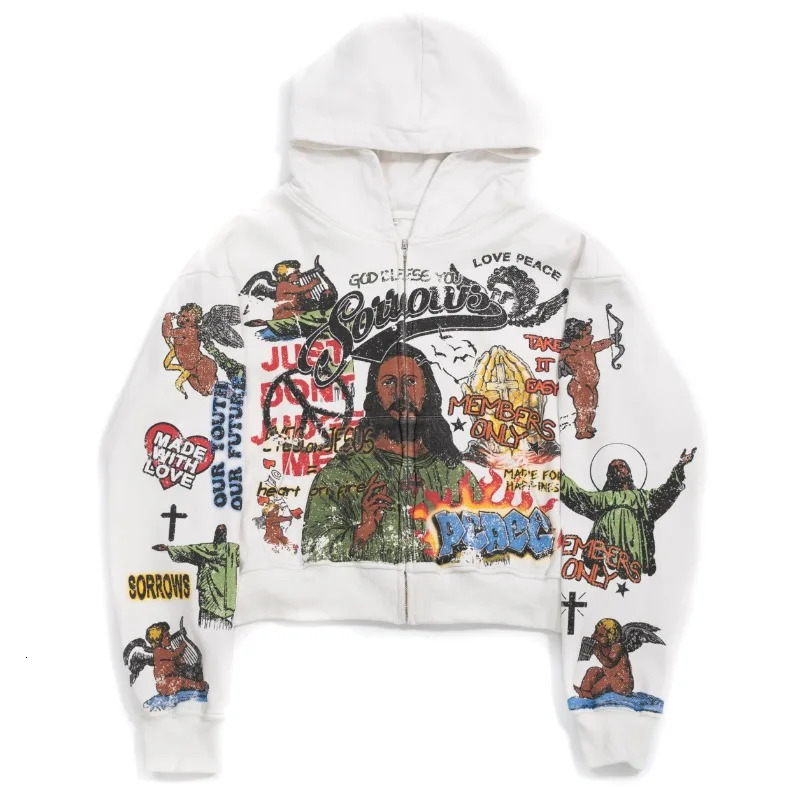 Y2K Messiah Zipup Hoodie Sorrow Creates Miracles Pattern Digital Printing Streetwear Retro High Street Trendy Unisex Pullover 250311